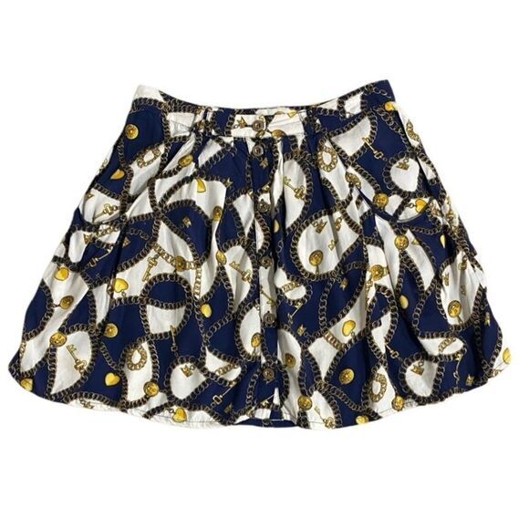 Topshop Navy Gold Chain Print Mini Skirt US 6 Button Front‎ Pockets Baroque - Picture 12 of 12